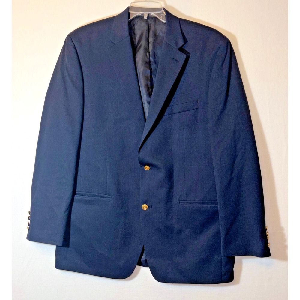 Chaps‎ By Ralph Lauren Mens Virgin Wool Blue Suit Jacket Blazer 44L Gold Buttons